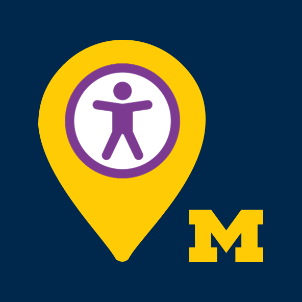 Wayfinding pin with a vitruvian man man and a block M.
