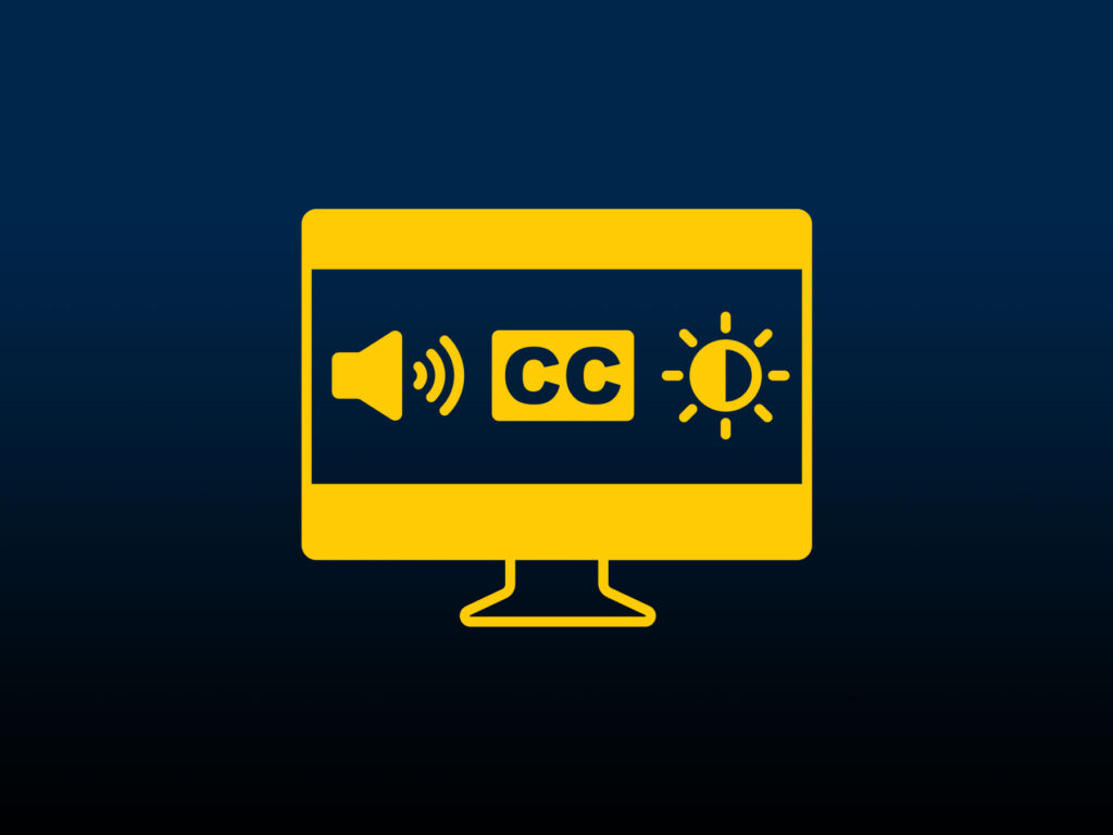 A computer screen with icons for volume, closed captioning and screen brightness.