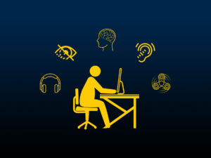 A person at a computer desk surrounded by icons for headphones