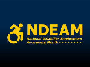 A rolling wheelchair icon and NDEAM: National Disability Employment Awareness Month