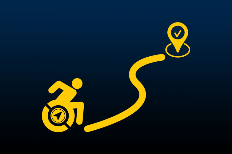 A wheelchair user with a compass travels down a winding path to a destination marked with a check.