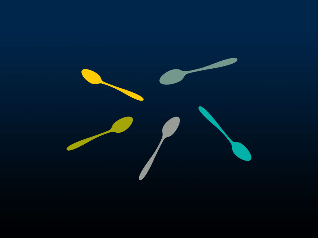 Five multicolored spoons.