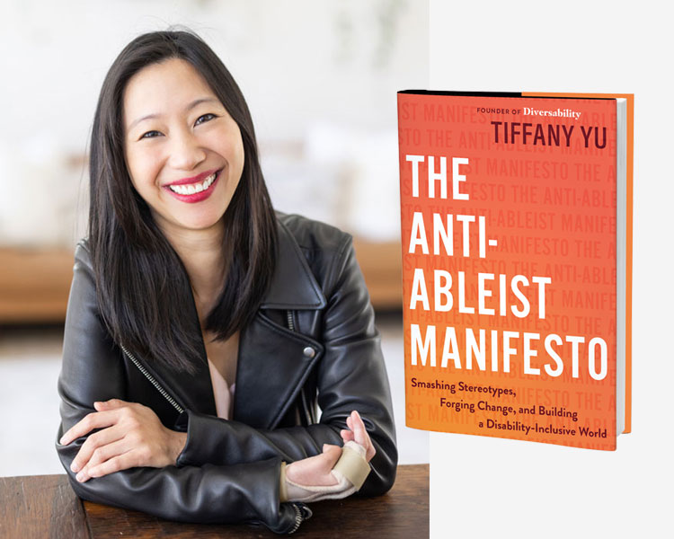 Asian woman in a leather jacket and hand brace next to book titled The Anti-ableist Manifesto.